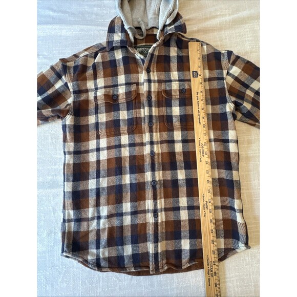 American Eagle AE Removable Hoodie Flannel Plaid Button Up Brown Blue Men's XS - Picture 7 of 11